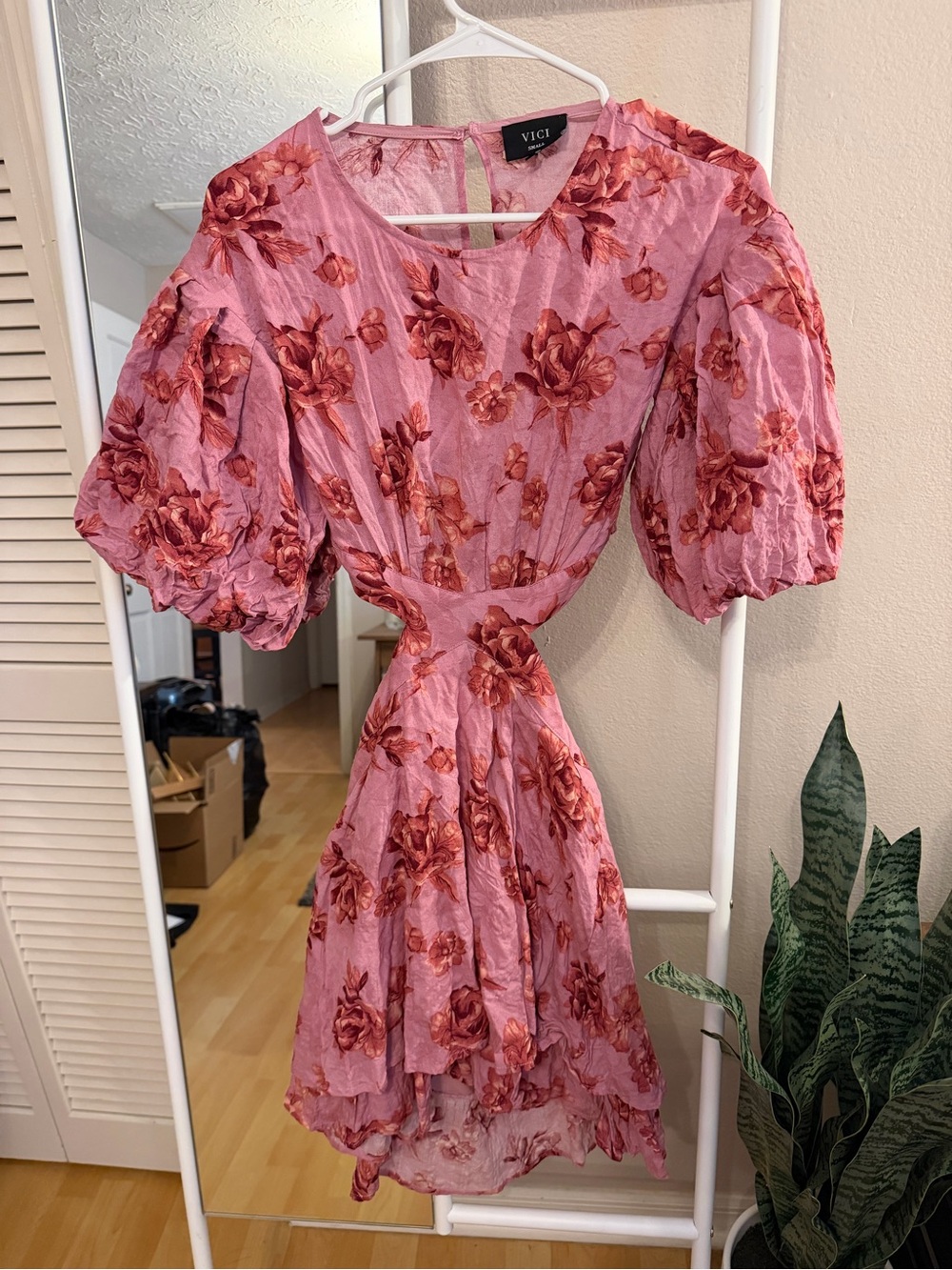 Vici Pink Mini Dress with Rust Floral Print and Puff Sleeves